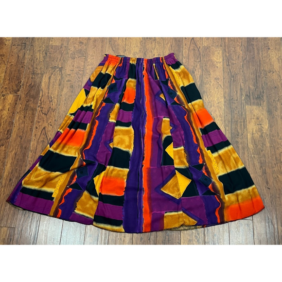 Vtg Maren Mystics Rayon Colorful Tribal Tropical Block Print Boho Midi Skirt SM - Picture 6 of 7